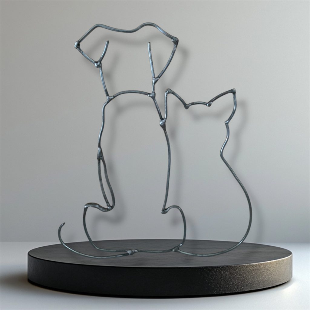 Escultura en varilla de un perro y un gato