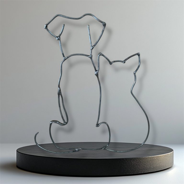 Escultura en varilla de un perro y un gato