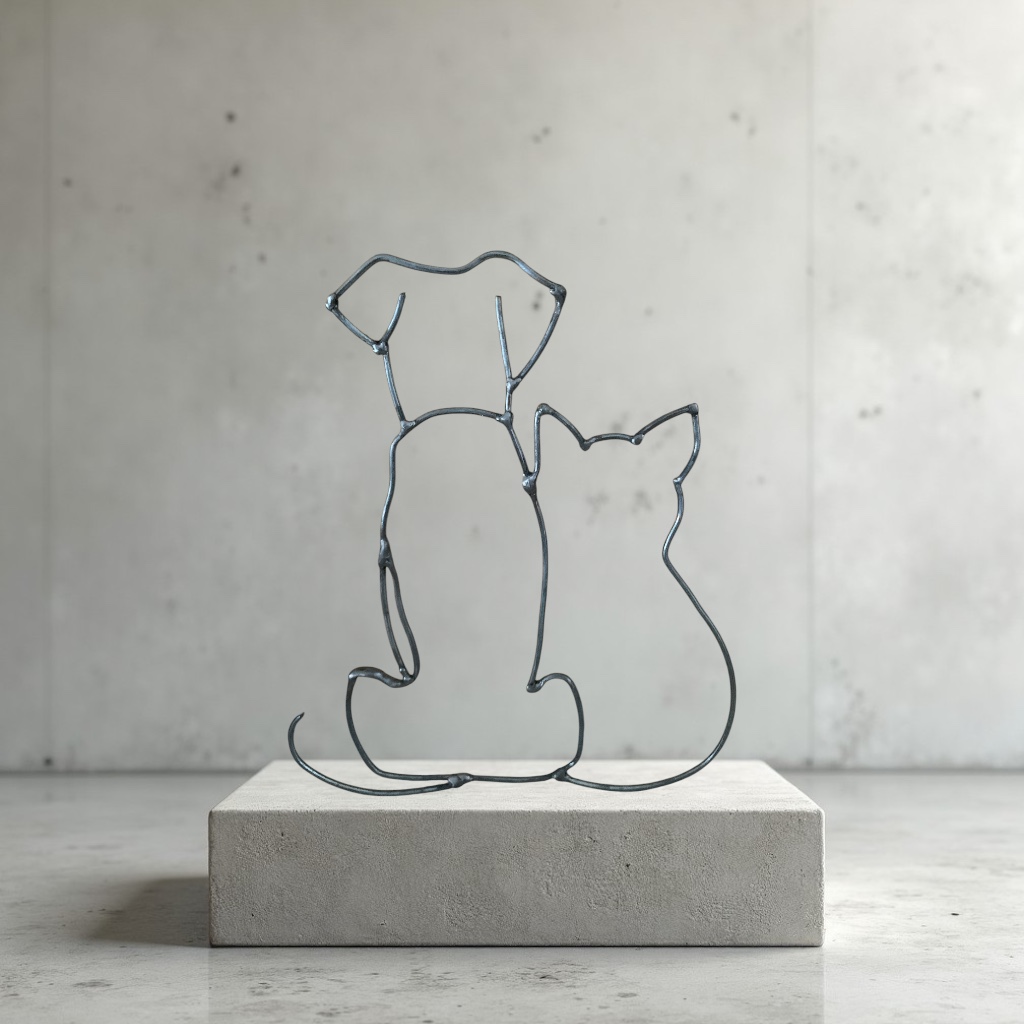 Escultura en varilla de un perro y un gato